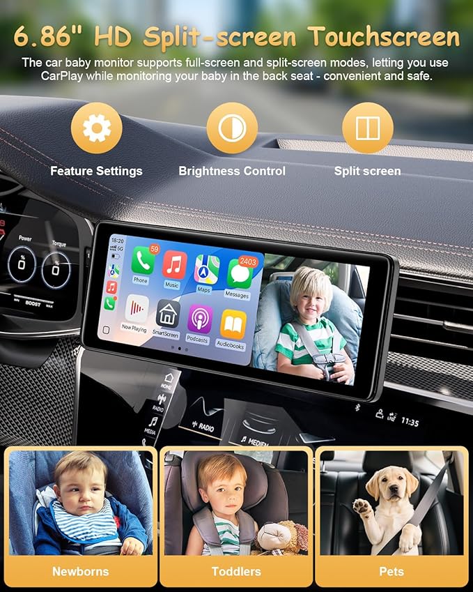 25HOURS YJ1 Baby Car Camera - 6.86" HD Car Baby Monitor Touchscreen with Apple CarPlay, 1080p Ultra IR Night Vision, 150° Wide Angle, Split Screen, 3X Zoom, GPS Navigation,FM,Siri, Plug-and-Play