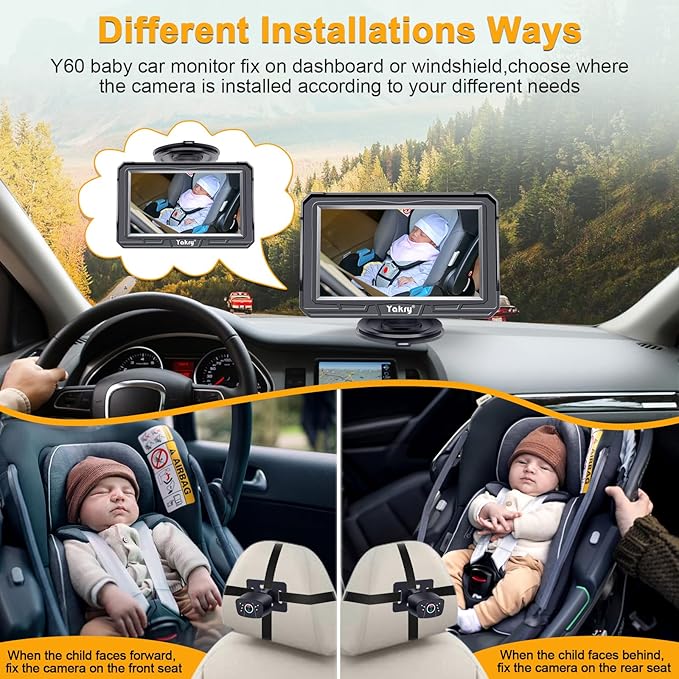 Yakry Baby Car Camera for Backseat - HD 1080P, 170° Wide Angle, Night Vision, 360° Rotation, Safe for Babies, Easy Install, Rear-Facing Baby Car Mirror for Parents Y60