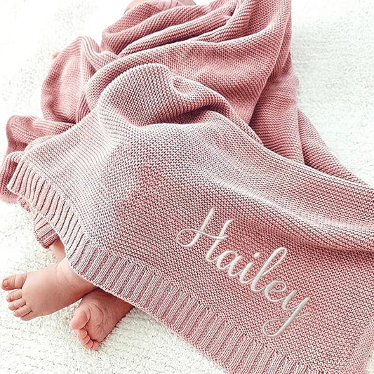 Luxury Personalized Name Knitted Baby Blanket -Embroidered, Soft Breathable Cotton Knit for Newborns - Valentine's Gift for New Moms, Baby Boy, Girl Birthday Christmas.