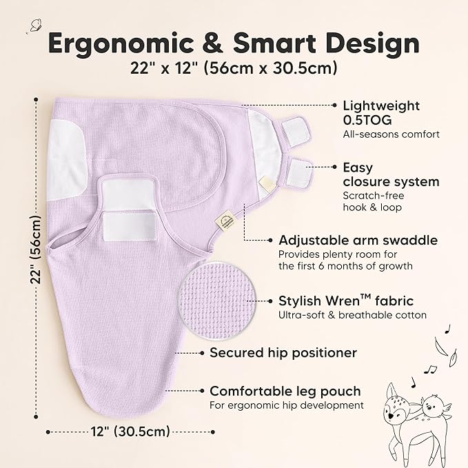 3-Pack Organic Swaddles for Newborns, Baby Sleep Sacks 0-3 Months - Baby Swaddle Wrap, Newborn Wearable Blanket, Infant Sleep Sack for Girls, Boys, Soft & Snug, Large Hook & Loop Closure (Soft Lilac)