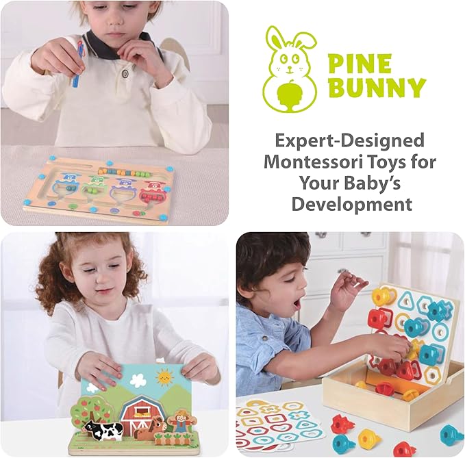 Pine Bunny Montessori Wooden and Plush 12-in-1 Toy Set for 22+ Months, Buckle Toy, Magnetic Color Cup Match Pattern Pegs Space and Distance Farm Game Wooden Train Set Educational Learning Toddler Toys