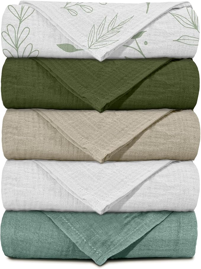 Muslin Receiving Blankets, Neutral Blanket Swaddling for Newborn Boys and Girls, 5 Pack Breathable and Skin-Friendly Swaddle Wrap for Infant Baby (Bright Leaves)