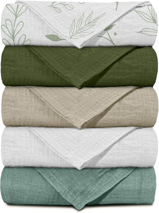 Muslin Receiving Blankets, Neutral Blanket Swaddling for Newborn Boys and Girls, 5 Pack Breathable and Skin-Friendly Swaddle Wrap for Infant Baby (Bright Leaves)