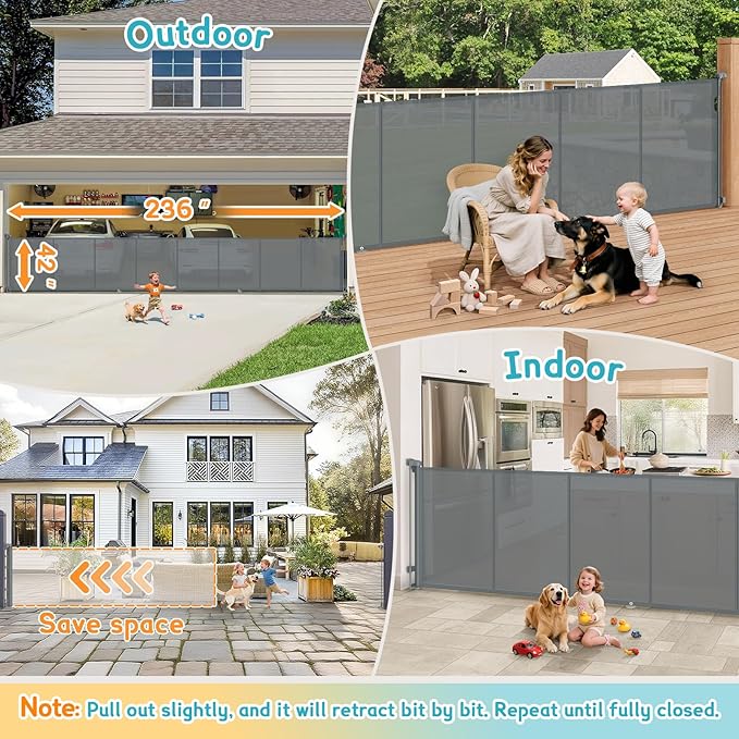 236'' Retractable Baby Gates Extra Wide, 42'' Extra Tall Retractable Dog Gate, 20 FT Grey Indoor/Outdoor Retractable Gate with Reinforcement Rods for Garage, Doorways, Stairs, Decks, Driveway, Patio