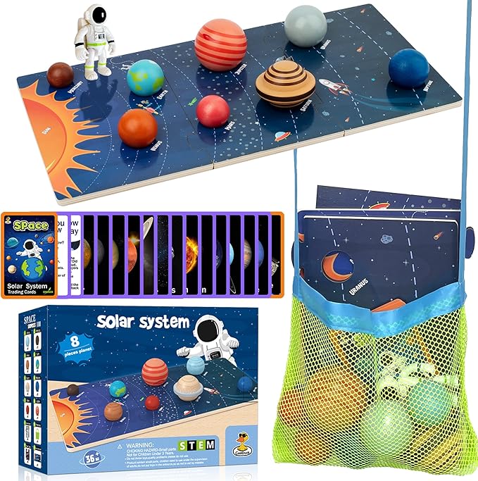 COOLDUCK 30 Pcs Wooden Solar System Model Board Toy Kit, Montessori Planet Balls Toys with Astronaut Figures, Preschool Learning Educational Puzzle, Space Knowledge Flash Cards Learning Toys for Kids