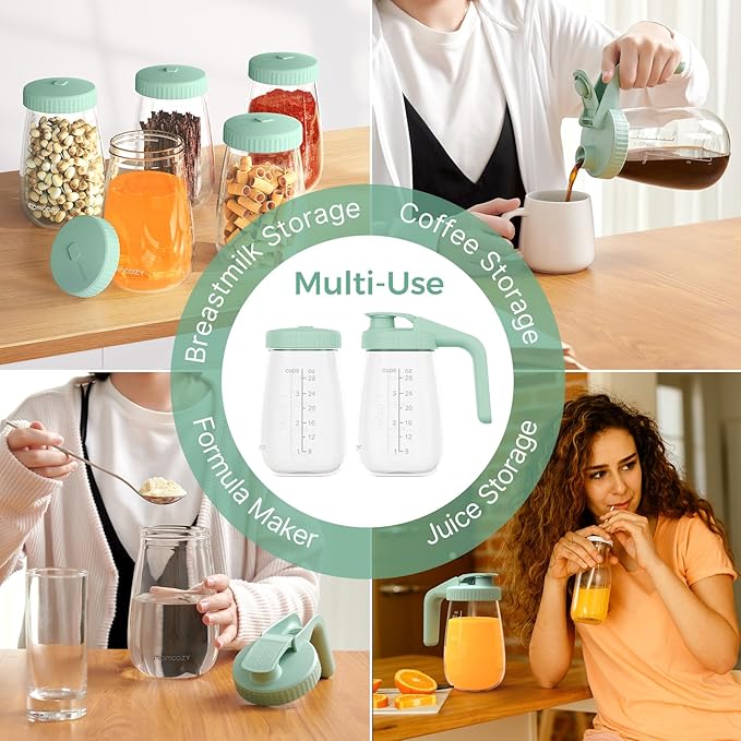 Momcozy Glass Breast Milk Pitcher, Milk Storage Container with Flat Lid & Handle Lid, Wide Mouth Leak-Resistant, Baby Formula Pitcher, Heat & Cold Resistant, 2 PCS, 32OZ Each (64OZ Total)