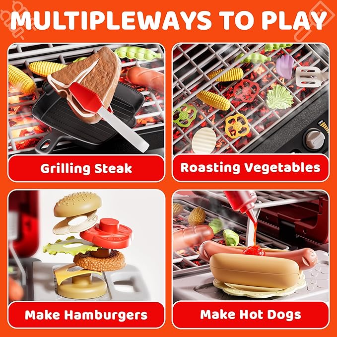 Kids Play Kitchen Toys, Kids BBQ Grill Playset，2-Tier Barbecue Toy with Wheels, Smoke Sound Light, Outdoor Play Food Toys Cooking Set, Birthday Gift for Toddlers 3-5