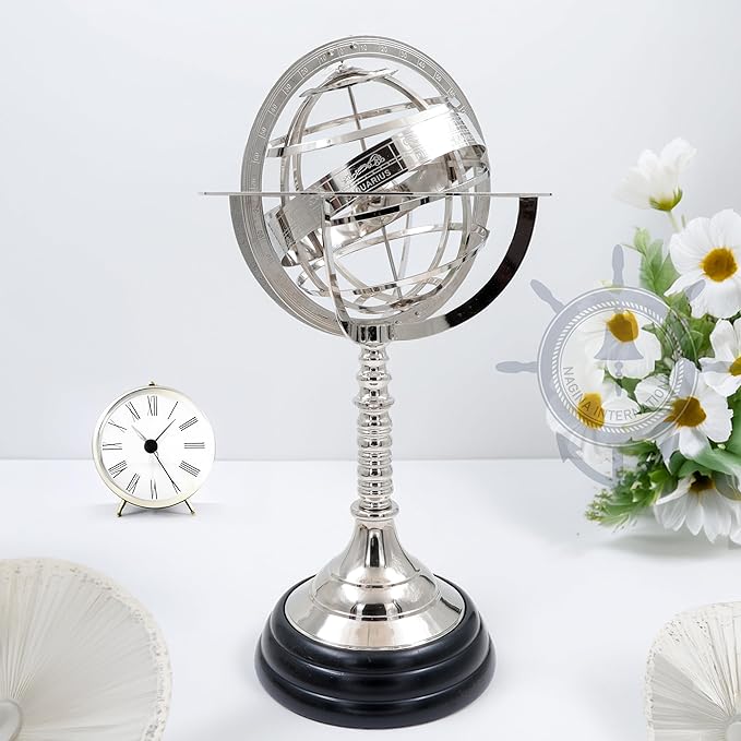 Nagina International Antique Vintage Zodiac Armillary Brass Sphere Globe Wooden Display | Pirate's Antique Ship Decor (XL, Nickel Plated)