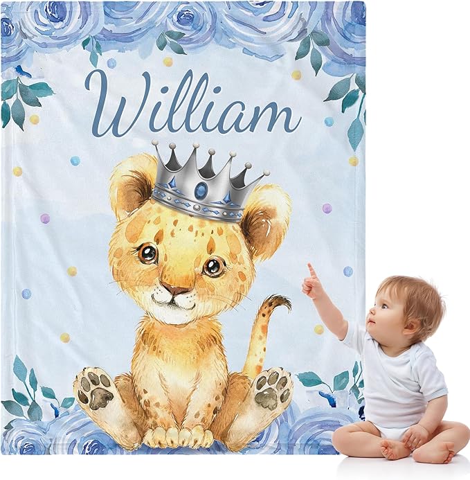 J&SBGFT Personalized Baby Blankets, Custom Baby Blanket with Boys' Name, Receiving Blankets for Toddlers & Kids, Nursery, Stroller & Crib Decor Throw Blue Lion