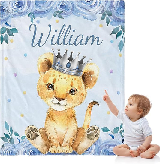 J&SBGFT Personalized Baby Blankets, Custom Baby Blanket with Boys' Name, Receiving Blankets for Toddlers & Kids, Nursery, Stroller & Crib Decor Throw Blue Lion