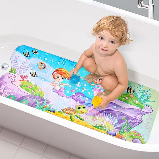 VANNOKOR Baby Bath Mat for Tub Non Slip Kids, 40 X 16 Inch Extra Long Bathtub Mat with Drain Holes and Suction Cups, Anti Slip Shower mat Machine Washable, Mermaid