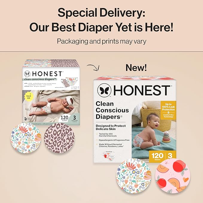 The Honest Company Clean Conscious Diapers for Sensitive Skin, Up to 100% Leakproof Hypoallergenic Fragrance-Free Baby Diapers, Girl Prints, Super Club Box, Size 3 (16–28 lbs), 120 Count (Prints Vary)