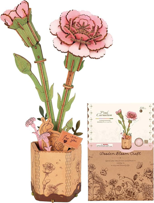 3D Flower Wooden Puzzles for Adults-Pink Carnation, DIY Wooden Flowers Model Kit Building Set Crafts for Adults to Build, Botanical Collection/Ideal Creative Gift Ideas/Housewarming (124PCS)