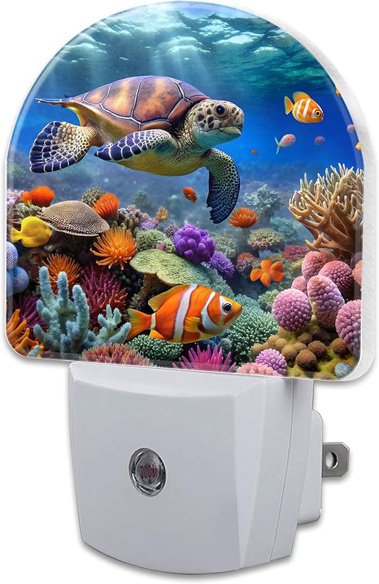 Sea Turtle in Coral Reefs Night Light, Underwater World Marine Fish Corals Dusk to Dawn Night Light Plug in,0.5w Energy Saving Sleep Friendly NightLight for Kids Boys Girls Home Decor