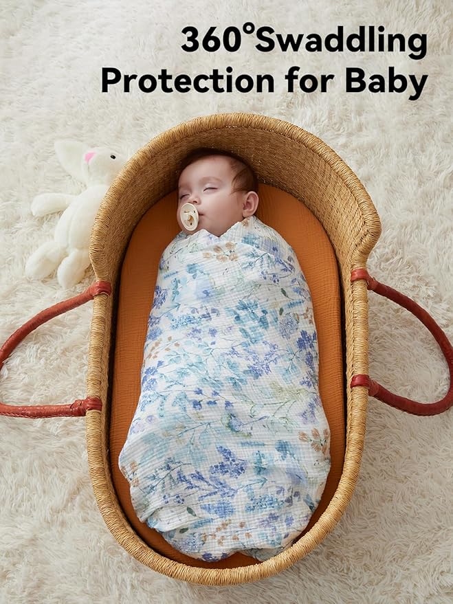 TILLYOU 3 Pack Muslin Swaddles for Newborns Baby Blankets for Girls Boys Cotton Swaddle Blankets 47"X47", Blue Flower