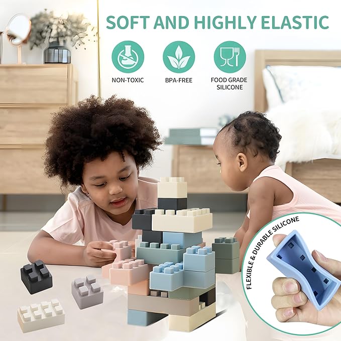 Silicone Blocks Soft Building Blocks, Montessori Educational Toy Soft Baby Blocks for Teething Gifts, Large Sensory Stacking Toys for Preschool Learning Creative Play, 20PCS