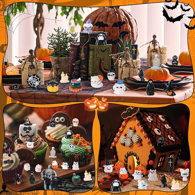 40pcs Halloween Mini Resin Figures 40 Styles Tiny Resin Animals to Hide Little Small Figures Miniature Figurines Bulk for Halloween Party Favors Bag Fillers DIY Craft Garden Dollhouse Decor