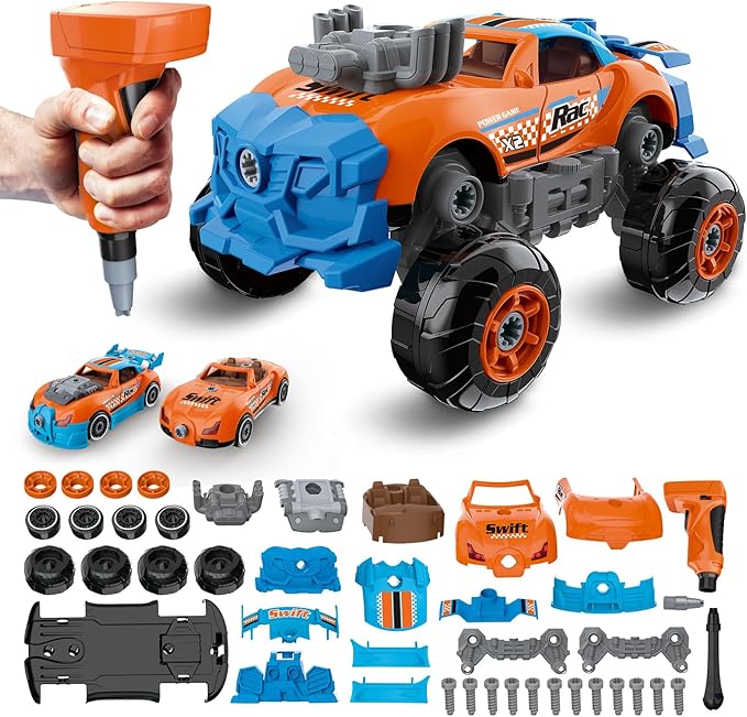 3-in-1 Take Apart Car for Boys Ages 3 4 5 6 7, Building Toys with Electric Drill, 43 Pcs Construction Toy Truck, Build Your Own Car with Play Tools, Ideal STEM Gift for Kids Children (Orange)