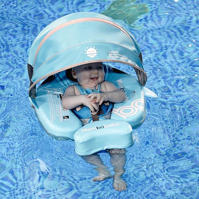 Non-Inflatable Mambobaby Float with Canopy, UV-Protective Baby Swimming Float with Safety Buckle, Anti-Flip Tail Swim Trainer Infant Pool Floats (O04NGreen-O04NGCTRURBKMH01O04)