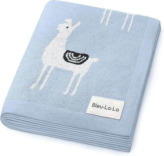 Baby Receiving Swaddle Stroller Blanket - 100% Fine Loomed Cotton Cozy Cuddle Crib Stroller Unisex Quilt Knit Blanket for Newborns Infants Toddler Boys and Girls (Llama - Baby Blue)