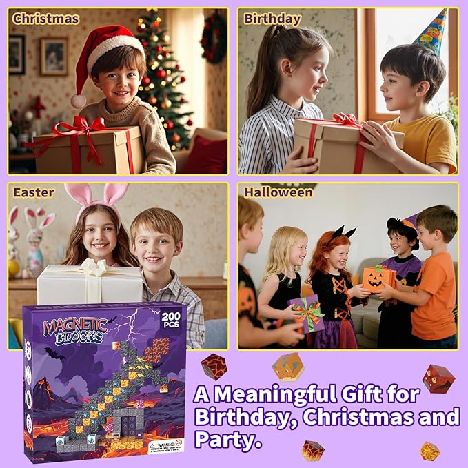 200PCS Magnetic Building Blocks for Kids, STEM Educational Magnet Stacking Toys for Age 3-5 4-8 8-12, Sensory Play Montessori Toys for Boys and Girls, Creative Construction Gift Ideas for Children