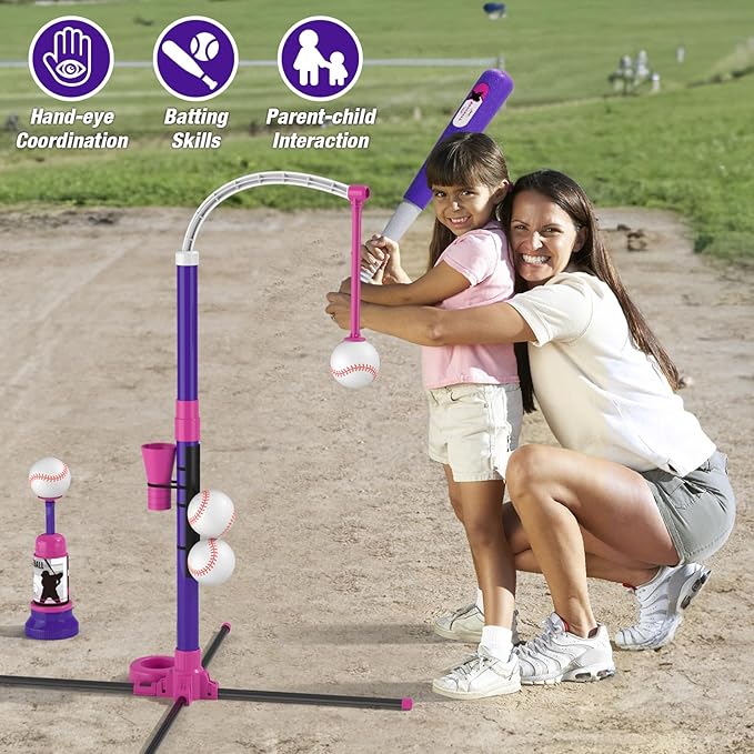 4 in 1 T Ball Sets for Kids 3-5 with Toss and Catch Ball Set, Hanging Tee Stand with Auto Pitching Machine/ 2 Bats, Indoor Outdoor Toys Baseball Gifts for Toddler Boys Girls, Purple