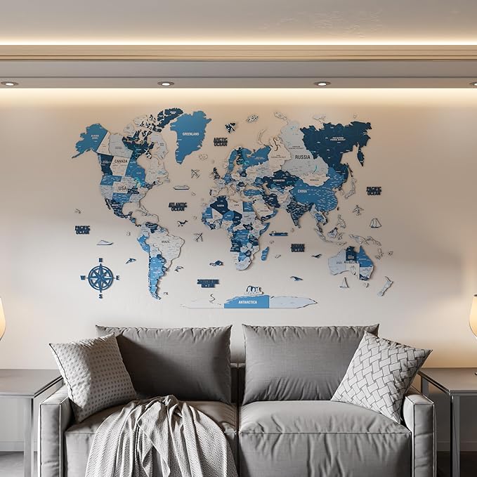 Colorfull Worlds 3D Wooden World Map Wall Art - Premium Multicolored World Travel Art for Wall Decor with Push Pins- Ideal Housewarming Gift & Travel Tracker (Large, Navy)