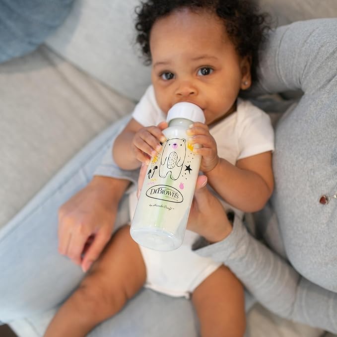 Dr. Brown's Natural Flow Anti-Colic Options+ Narrow Baby Bottle, Bear & Owl, 8 oz/250 mL, with Level 1 Slow Flow Nipple, BPA Free, 0m+, 2-Pack