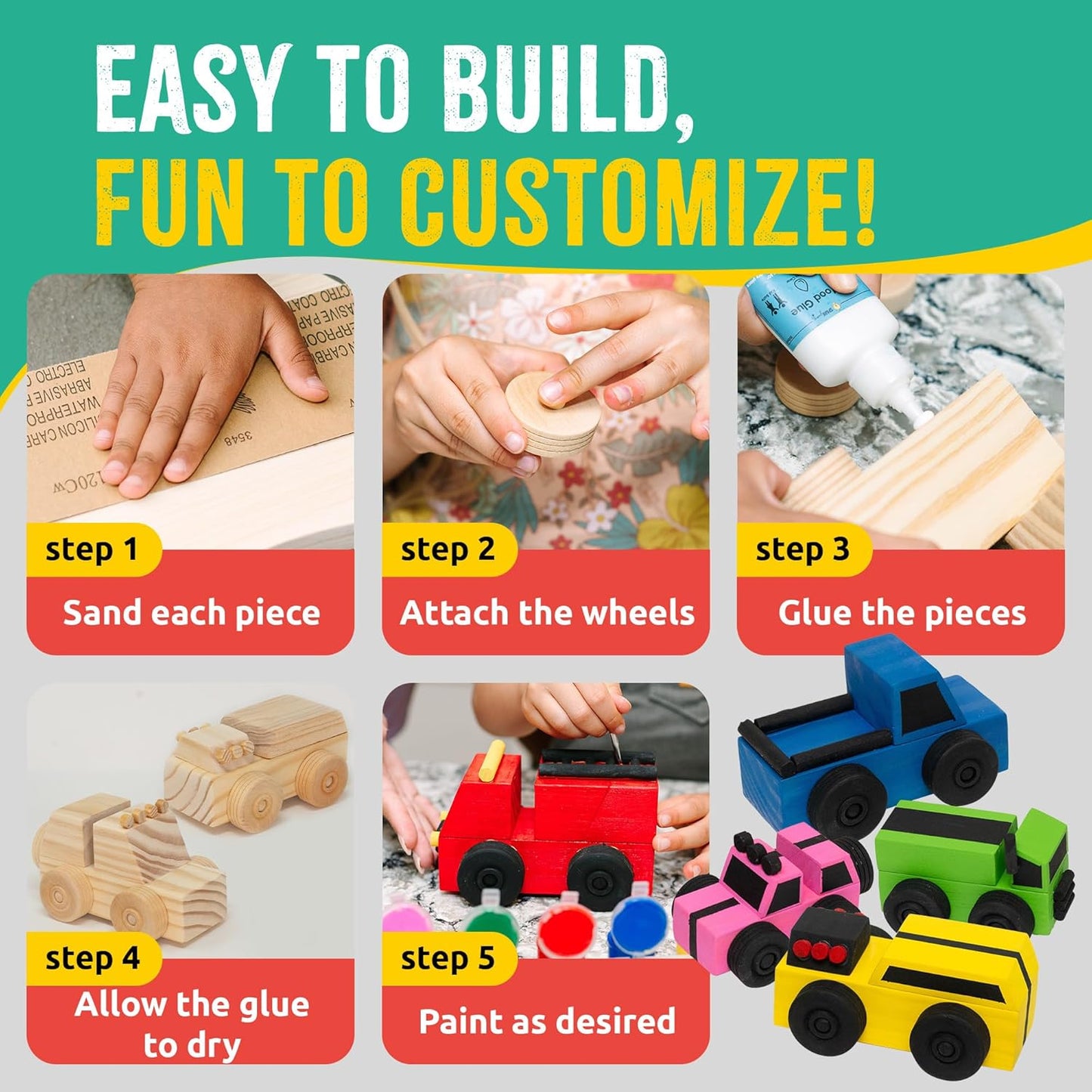 DIY Wood Building Kits, STEM Woodworking Kit for Kids, Creative Fun Craft Projects, Great Gift for Boys & Girls (Wooden Cars, 1-Pack)