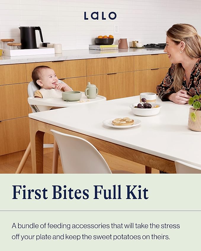 Lalo First Bites Silicone Baby Feeding Set - Baby Led Weaning Supplies - Non-Toxic Silicone - Includes 1 Bib, 2 Spoons, Training Cup, Suction Plate and Bowl - 6 Pieces - Sage