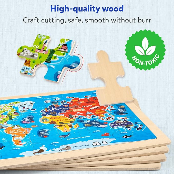 SYNARRY Large US World Earth Solar System Wooden Puzzles for Kids Gift Box(12.2*9.4 in) - FSC Certified, Puzzles for Toddlers 3-5, Puzzles for Kids Ages 4-6, Map Toys Gifts for 3 4 5 Year Old Boy Girl