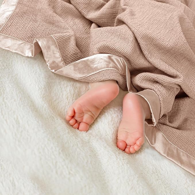 lulumoon Swaddle Baby Blanket: Waffle Blanket with Satin Trim - Breathable Toddler Blankets Perfect for Nursing Cover and Playtime - Cotton Crib Quilt for Daytime Naps 40"x36"(Dusty Rose)