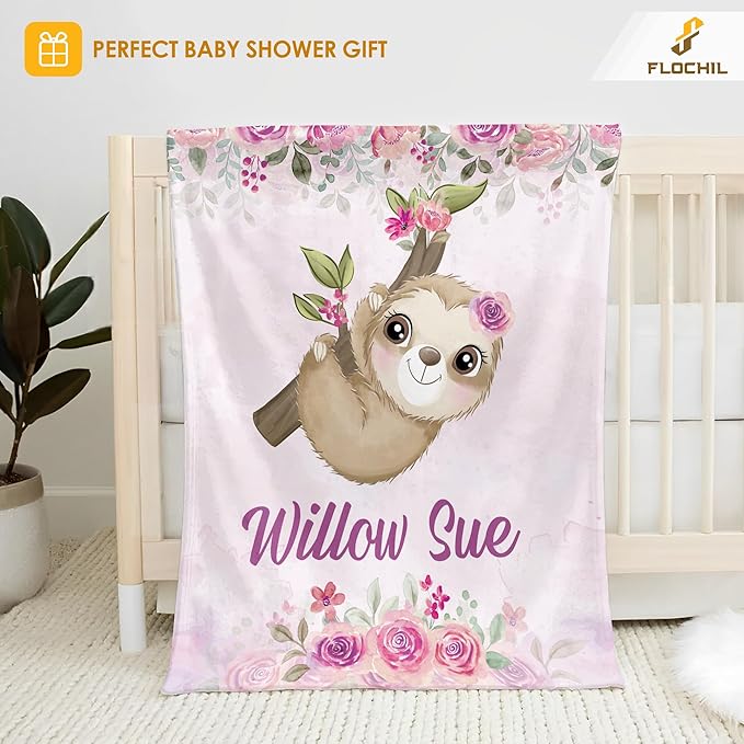 FLOCHIL Personalized Baby Blanket - Custom Baby Blanket with Name for Girls, Newborn Sloth Plush Fleece (30x40)