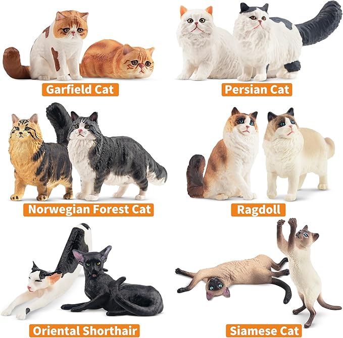 12PCS Realistic Cat Figurines, Plastic Cat Figure, Cat Cake Topper Kitten Toy Halloween Christmas Birthday Gift for Kids and Children