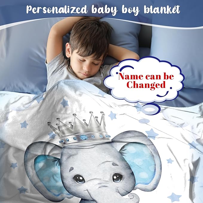 J&SBGFT Personalized Baby Blanket for Boys, Customized Name Blanket for Toddlers Kids Nursery Stroller Crib Decor Throw, King Elephant