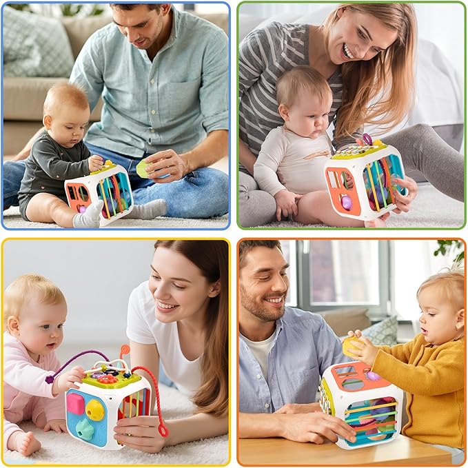 7 in1 Sensory Development Multifunctional Sensory Teething Toys for 2 Year Old Boy Girl,Shape Sorter Pull String Travel Car Toys for 18 Month