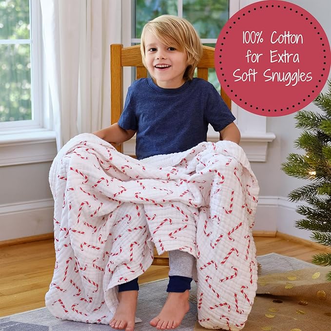 LollyBanks Muslin Baby Blankets, 100% Cotton Cozy Muslin Quilt, 47 x 47 Inches and 6 Layers Toddler Blanket for Boys and Girls, Soft and Breathable Newborn Blanket, Baby Essentials (Candy Cane Print)