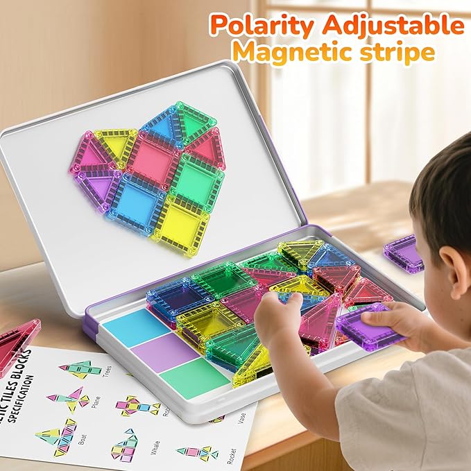 Magnetic Tiles Building Stacking Blocks Magnetic Tiles Travel Toy STEM Educational Toys 40-Piece Kids Toys for Classroom Sensory Play Ideal for Children Aged 3-8 Years Old