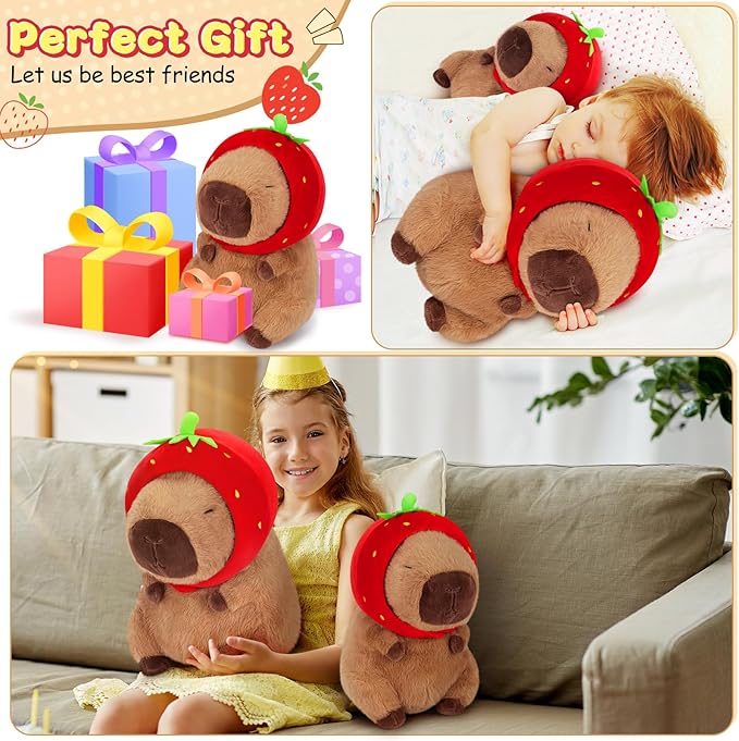 Achwishap Capybara Plush,Cute Plushies Capybara Stuffed Animal,Capybara Plush Toys,Kawaii Plush Stuffed Toy with Strawberry Hat Plushie Gift for Kids Adults Birthday(Capybara with Strawberry Hat,12”)