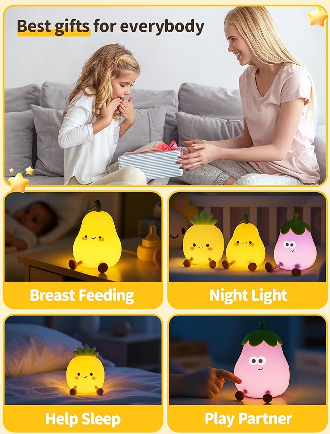 Fruit & Vegetable Night Light Set – 3 Pack Cute Silicone Nightlight, Rechargeable Bedside Touch Lamp, Dimmable Soft Night Lamp Gift for Bedroom Kids Room Decor (Pear, Pineapple, Eggplant)