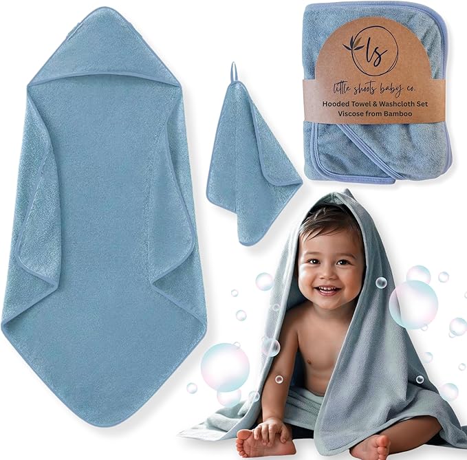 Hooded Baby Toddler Towel and Washcloth Set Made with Viscose from Bamboo, Large Size of 35" x 35", Soft and Absorbent, Baby Essential in Jean