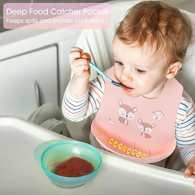 2 Pack Silicone Baby Bibs Adjustable Fit Waterproof Bib With Leak Proof Food Pouch Catcher for Eating Boys Girls