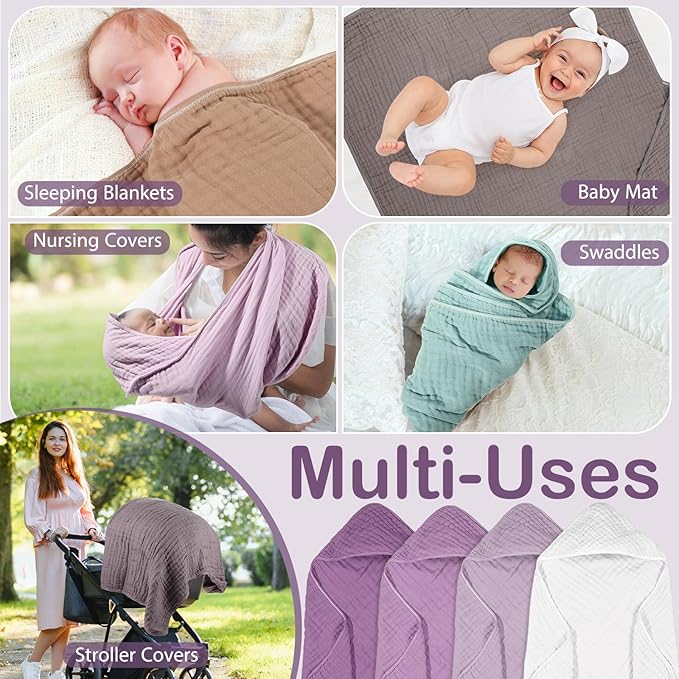 Peryiter 4 Pcs Muslin Hooded Baby Towels, 32"x 32" Cotton Newborn Bath Towel Muslin Infant Baby Blankets Absorbent Unisex Christmas Registry Gift Essentials for Girls Boys (Purple Series)