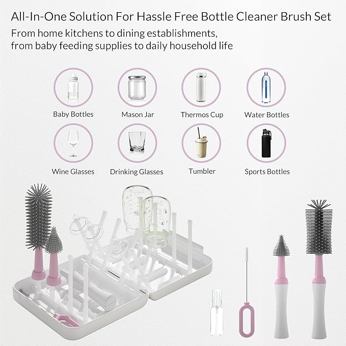 Portable Baby Bottle Brush Set with Multiple Brushes,Soap Dispenser, Foldable Bottle Drying Rack for 16 Bottles, Bottle Cleaner Brush Set for Bottles and Baby Accessories, Baby Travel Essential
