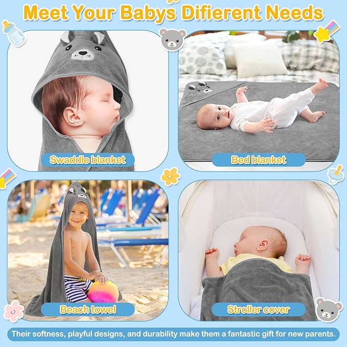 4 PCS Hooded Baby Towels, Soft Baby Towel, Absorbent Baby Bath Towel, Baby Towels and 3 PCS Baby Washcloths for Newborns, Toddlers, and Kids, 32x32 in Baby Towel with Hood for Boy and Girl (Gray Bear)