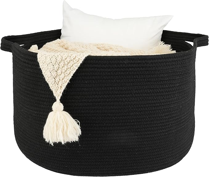 Large Cotton Rope Basket Blankets Basket Living Room 22"x14" Toy Baskets for Kids and Dogs Rope Storage Baskets for Nursery Woven Laundry Baskets for Clothes Towels round black