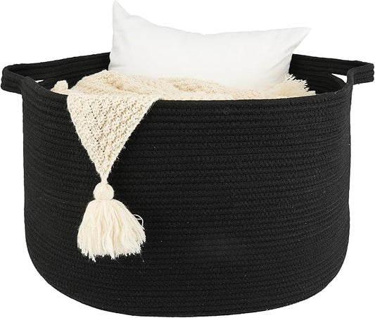 Large Cotton Rope Basket Blankets Basket Living Room 22"x14" Toy Baskets for Kids and Dogs Rope Storage Baskets for Nursery Woven Laundry Baskets for Clothes Towels round black