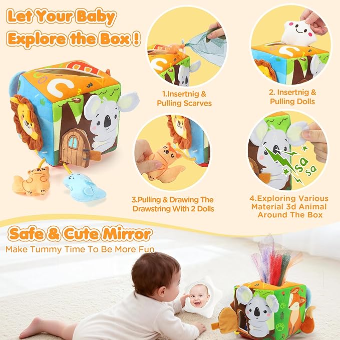 Baby Tissue Box Toy - Baby Toys 6-12 Months Montessori Toys for 6 Month Old with Squeaking Toy Cat, Rattle, Silk Scarves, Safety Mirror, for 1 Year Old - Boy Girl Gifts for Babies 6 9 12 18 Months Old