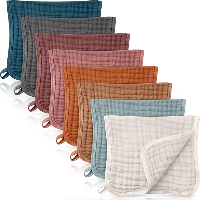 8 Packs Muslin Burp Cloths 6 Layers Unisex Baby Items Absorbent Burp Rags Colorful Muslin Washcloths for Baby Plain Soft Cotton Cloth for Babies Girls Boys, 10 x 20 Inch (Vintage Colors)
