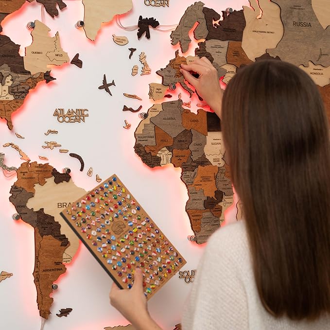 Enjoy The Wood 3D Wood World Map LED 3.0 Wall Art Modern Home Decor Gifts LED Lighting Wall Decor Housewarming Gift (Multicolor)